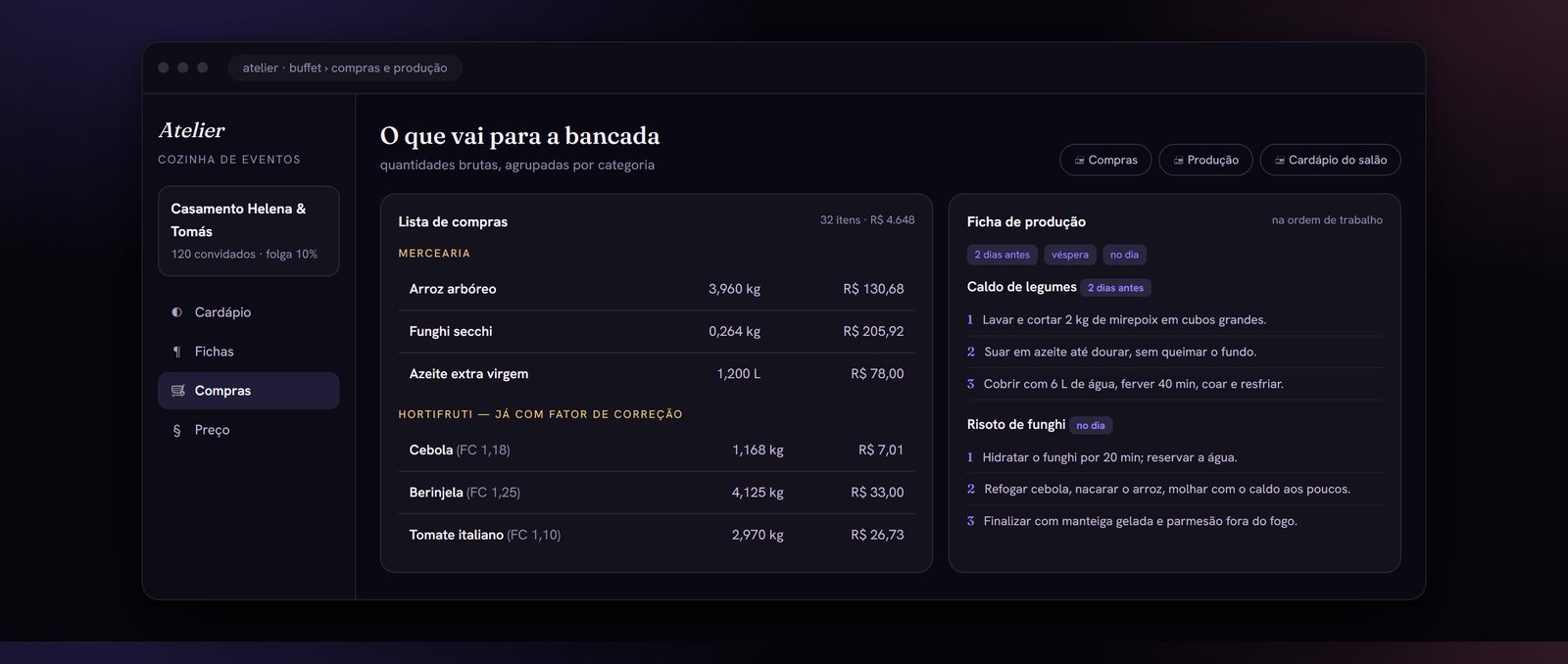 O papel que vai para a bancada: compras em quantidade bruta e a ficha de produção na ordem de trabalho.