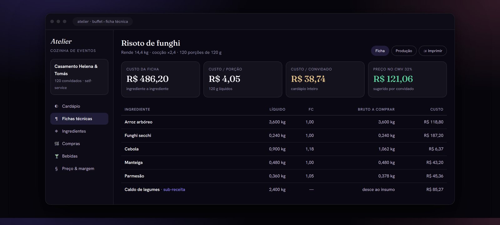Ficha técnica de verdade: fator de correção, cocção, sub-receita e o custo por convidado no alto.