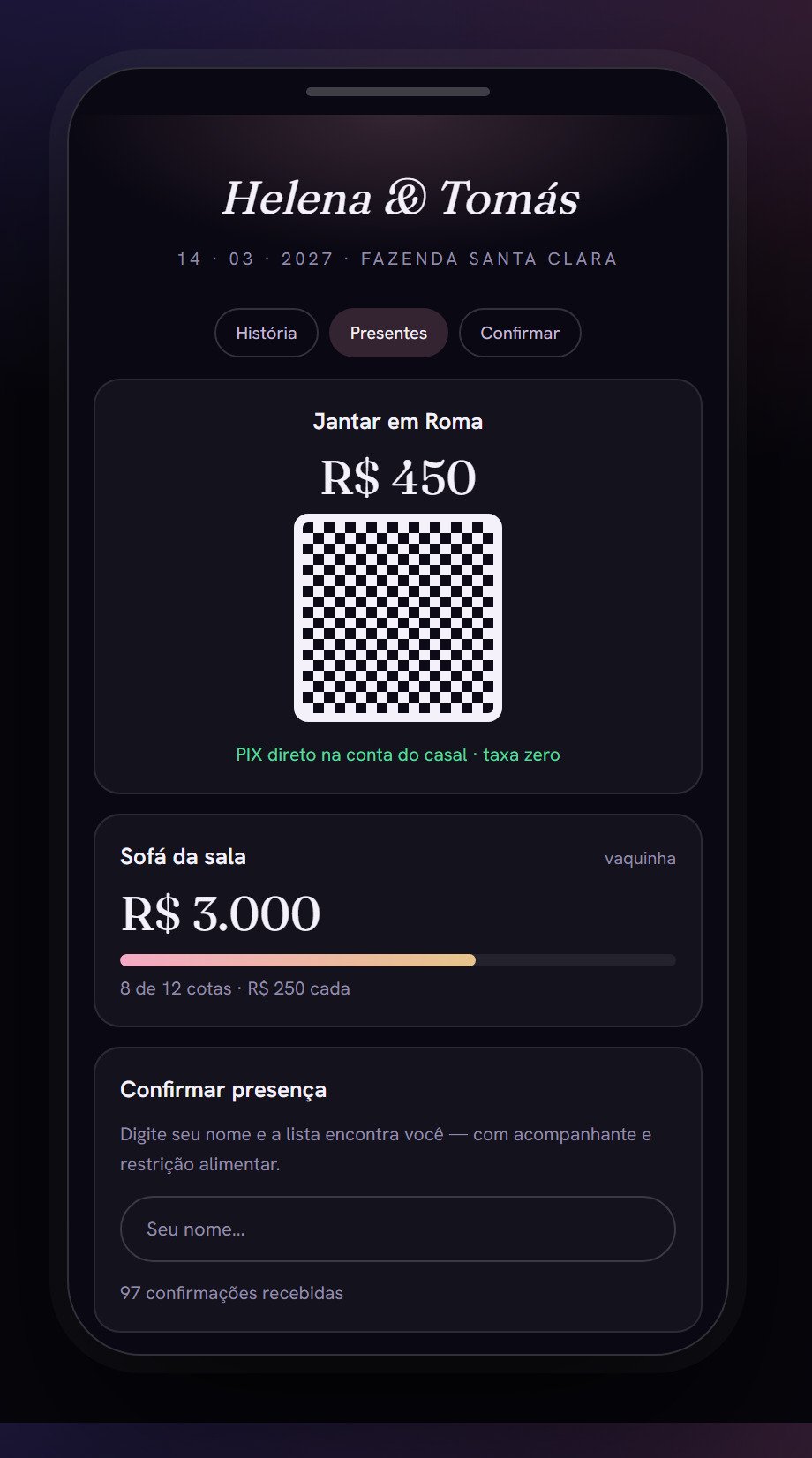 Como o convidado vê no celular — que é onde ele abre.