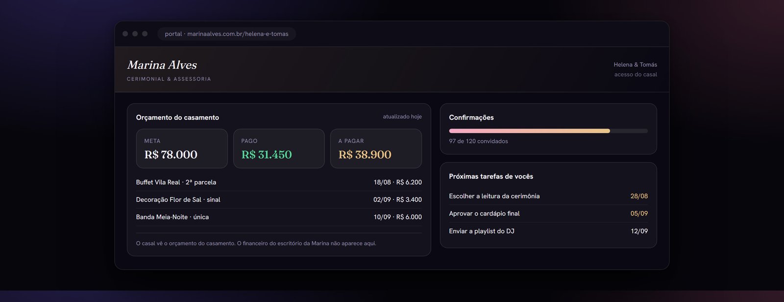 O portal que o casal abre: identidade da assessoria, e o financeiro do escritório fora do alcance dele.