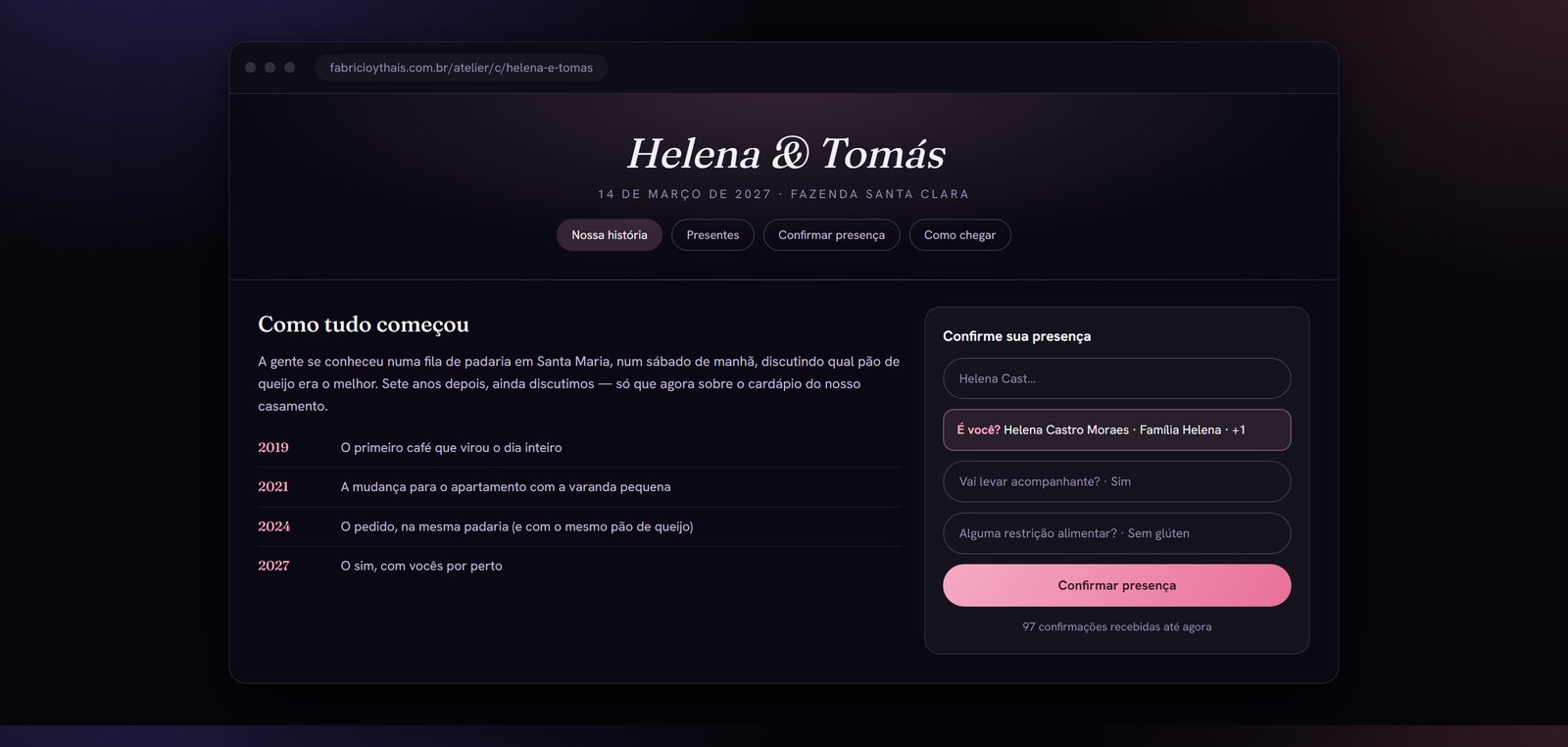 A página que o convidado lê antes de confirmar — e o autocompletar que encontra o nome dele na lista.